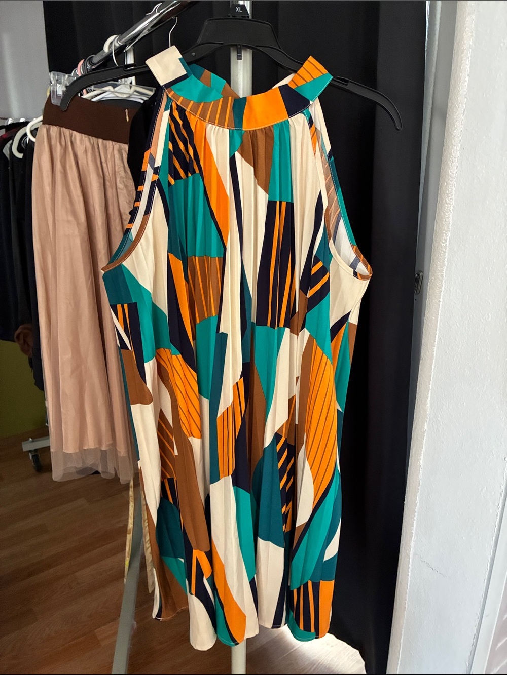 Sleeveless Abstract Print Halter Dress in Teal & Orange